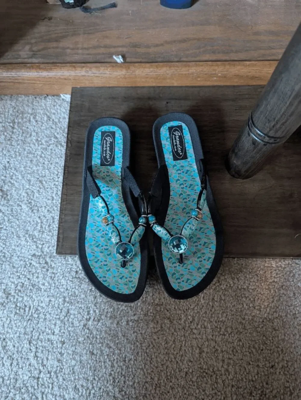 Grandco Women Beaded Thong Sandals Blue Green Rhinestone Boho Beach Flip Flops 9
